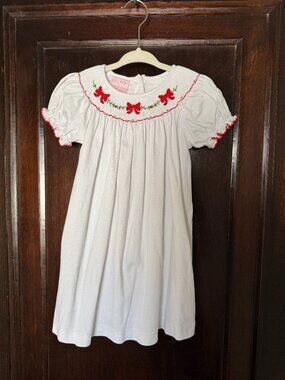 Petit Bebe Smocked Knit Dress, White with Red Bows - 2T